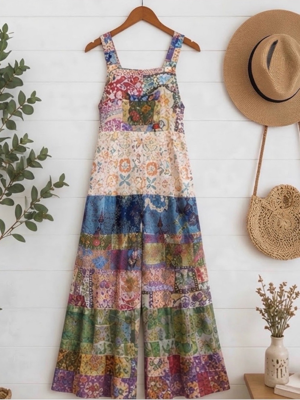 Boho Patchwork Wide-Leg Jumpsuit in Multicolor